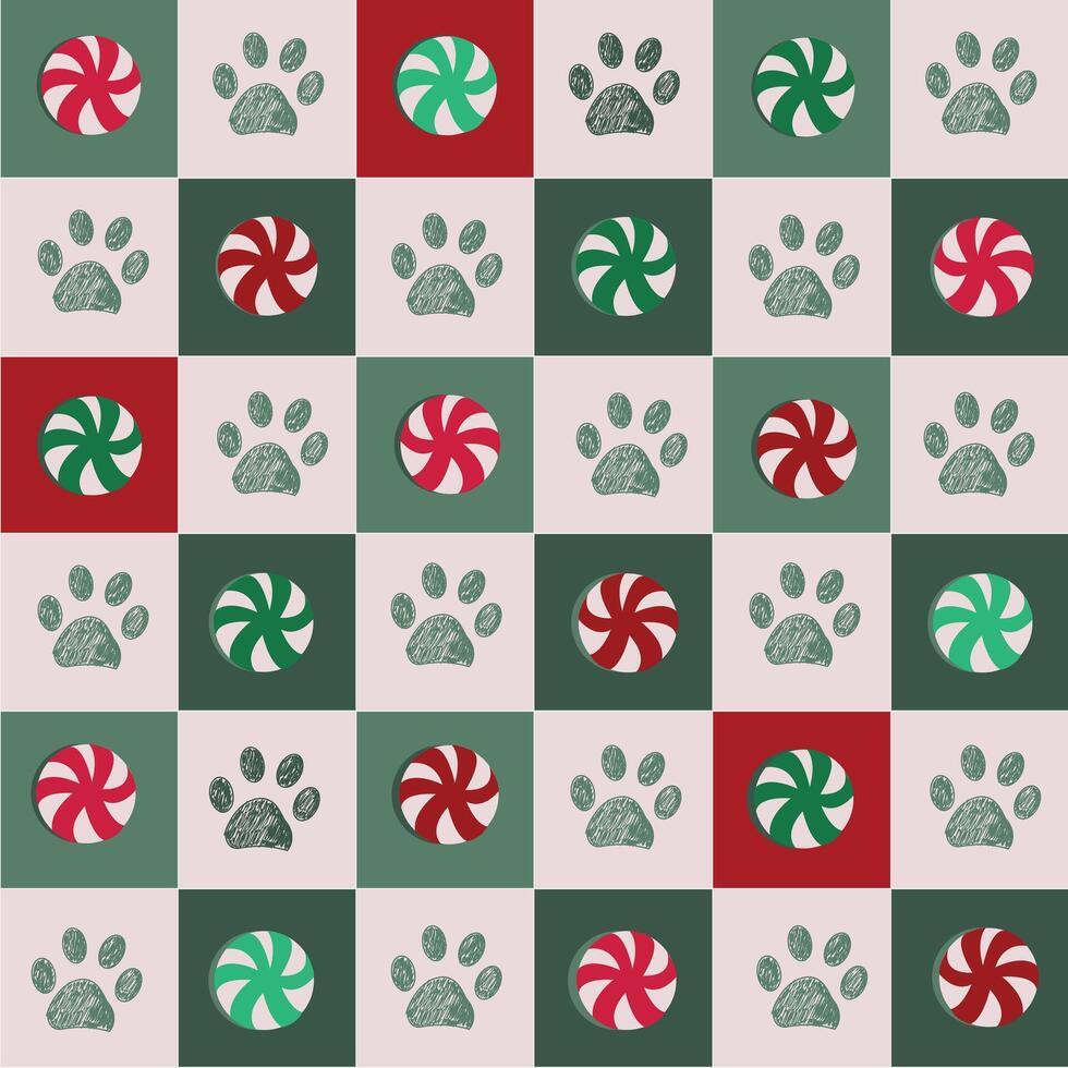 Plaid green, red and white and paws and candies pattern vector