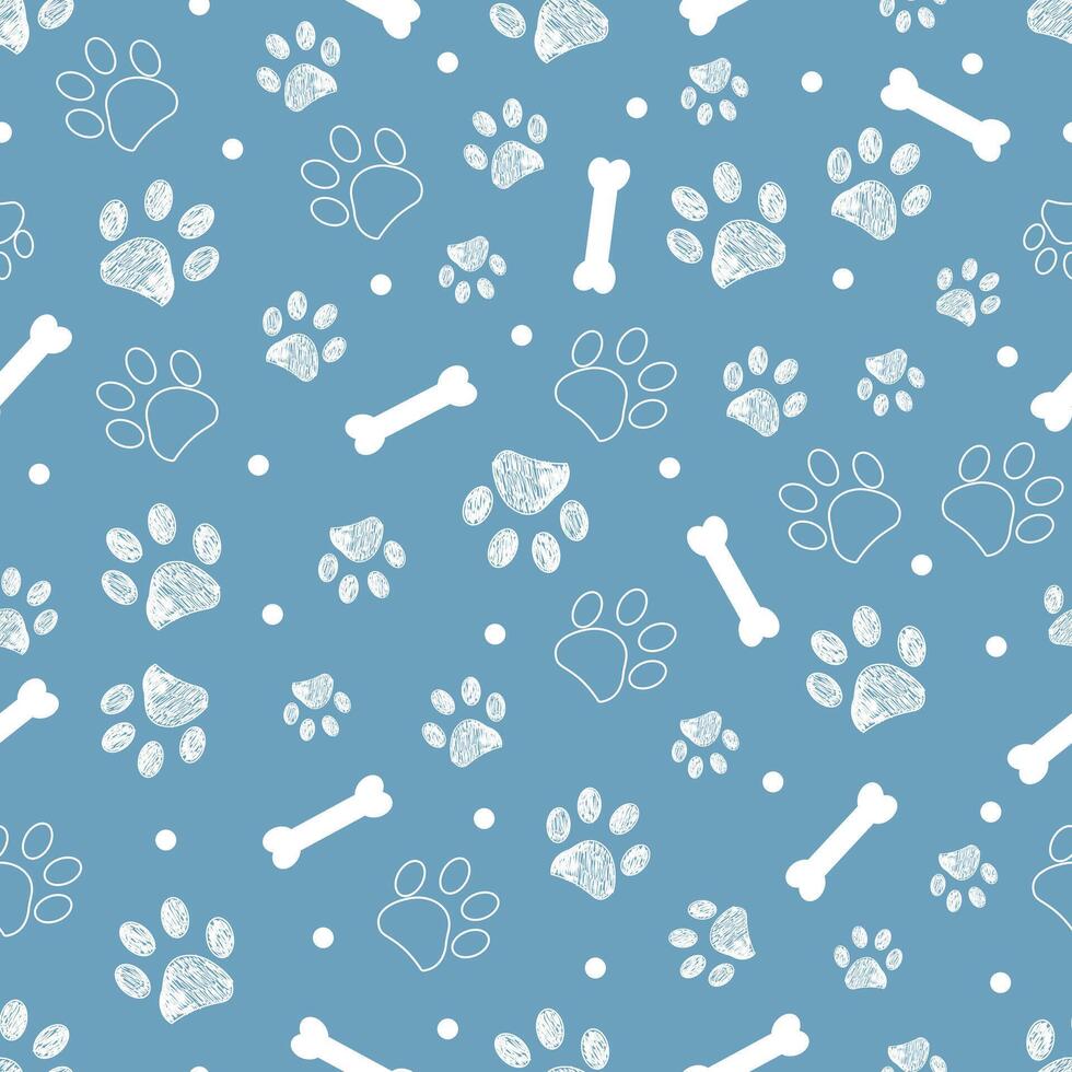 Blue background with white paw and bones vector