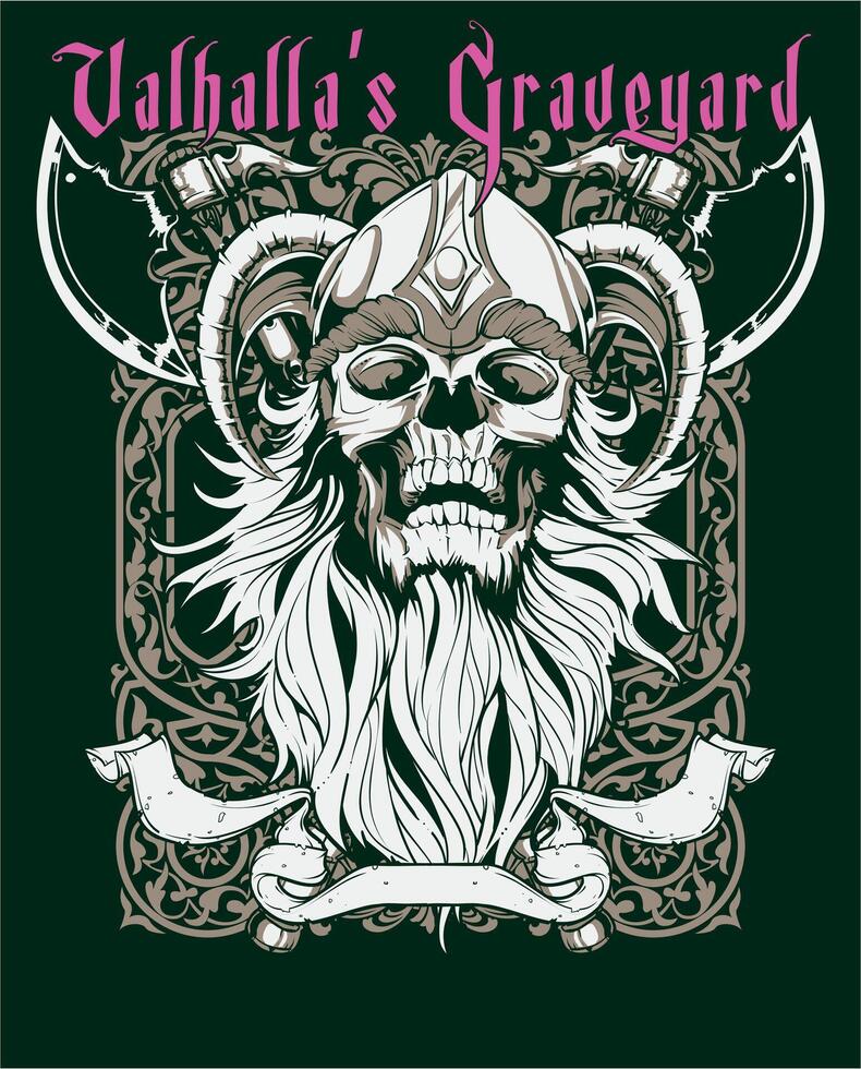 Valhalla Skull Viking Graveyard Dark Gothic T-Shirt Print Design Art vector
