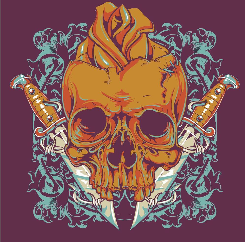 Edgy Gothic Rose Skull with Dual Knives T-Shirt Graphic Art vector