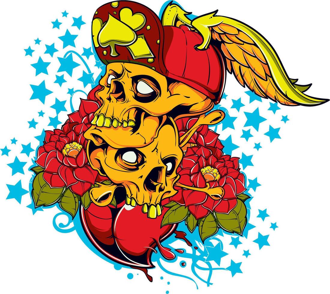 Retro Skull and Heart Graphic Tee Design Vintage Rock Style Illustration vector
