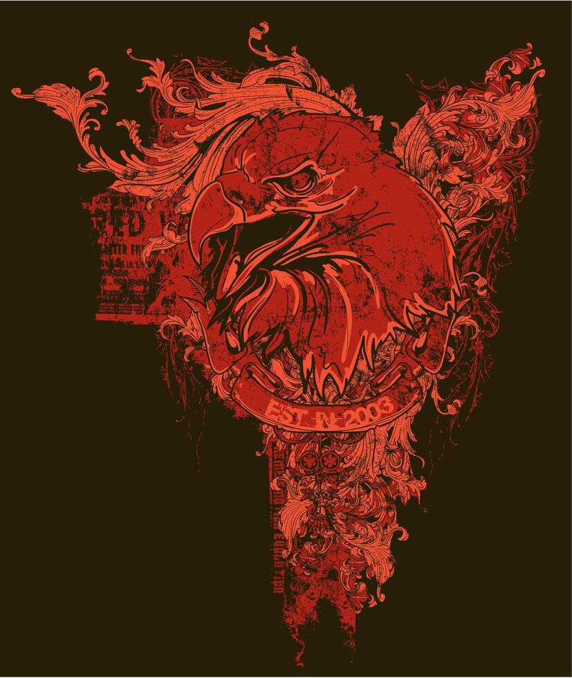 Vibrant Red Bird Graphic Tee Art, Trendy Avian T-Shirt Design, Hand-Drawn Ornamental Feather Illustration for Apparel Printing vector