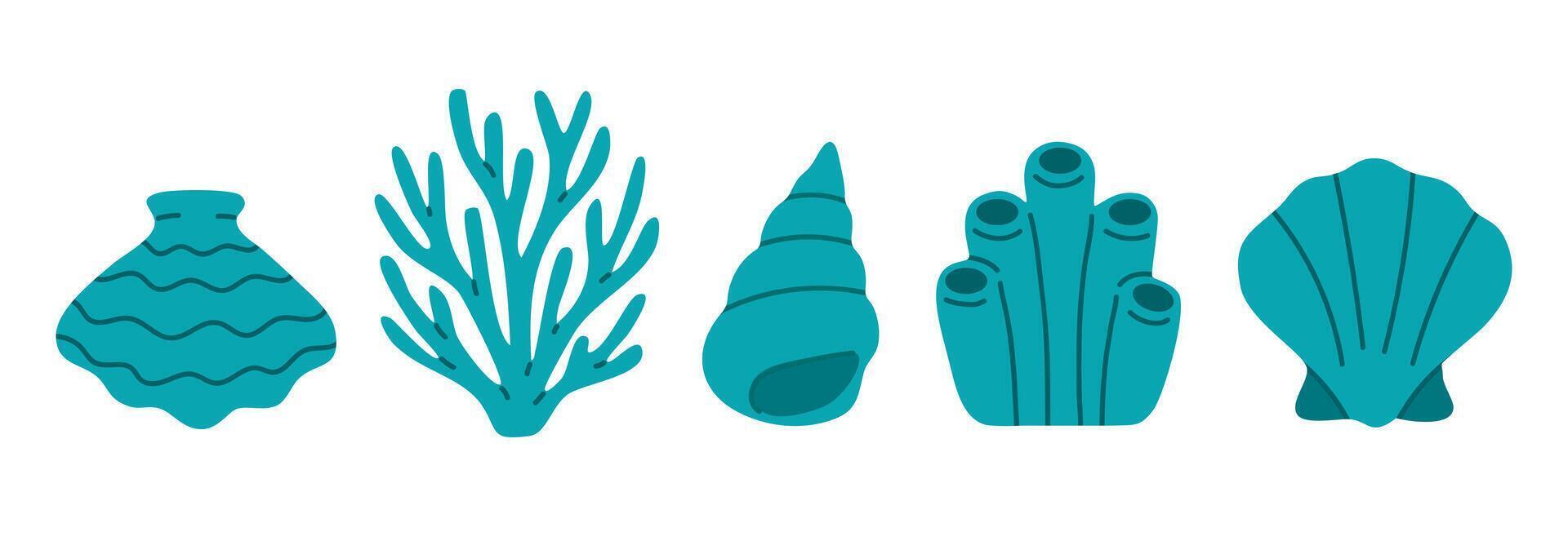 Set of blue ocean-themed icons including shells, corals, and tube sponges in flat design style for aquatic projects vector