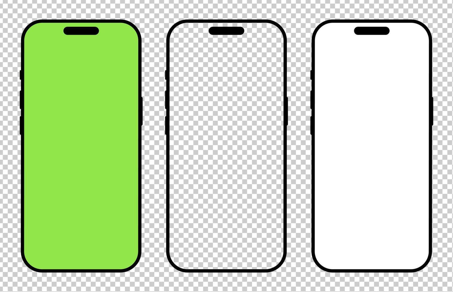 Smartphone black frame. Gadget symbol. Device flat front view set. Signs for website design, mobile app. Blank smart phone green screen template. Mobile phone black icon with white background. vector
