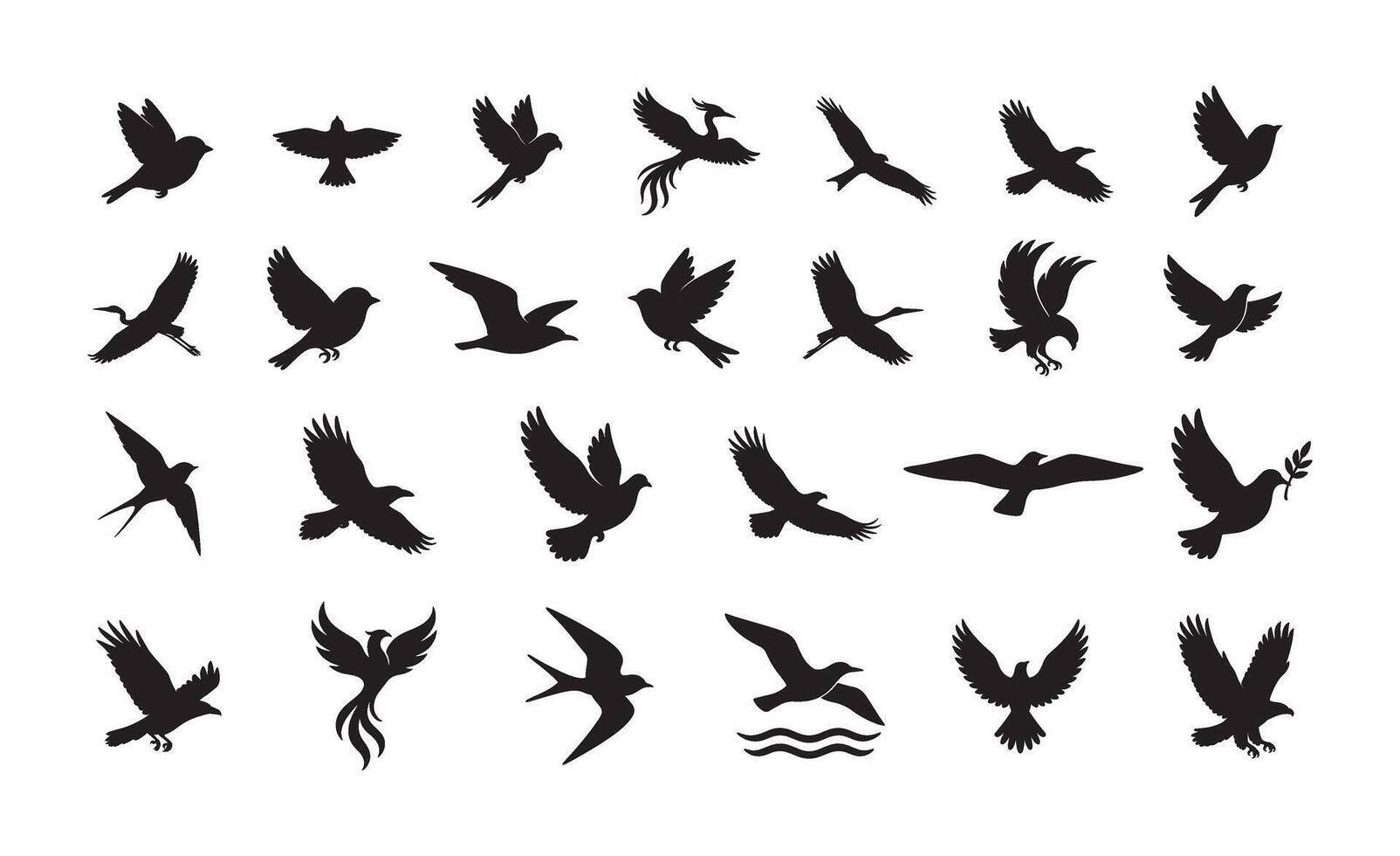 Flying Bird Silhouette Set Black Birds in Flight Icons on White Background vector