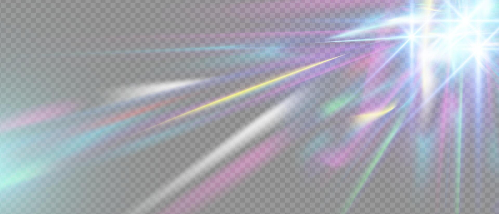 Iridescent light flare with prism refraction and rainbow glow. Abstract crystal beam, sparkle splash, and fantasy glare. 3D overlay with hologram, gradient and magical kaleidoscope effect. vector