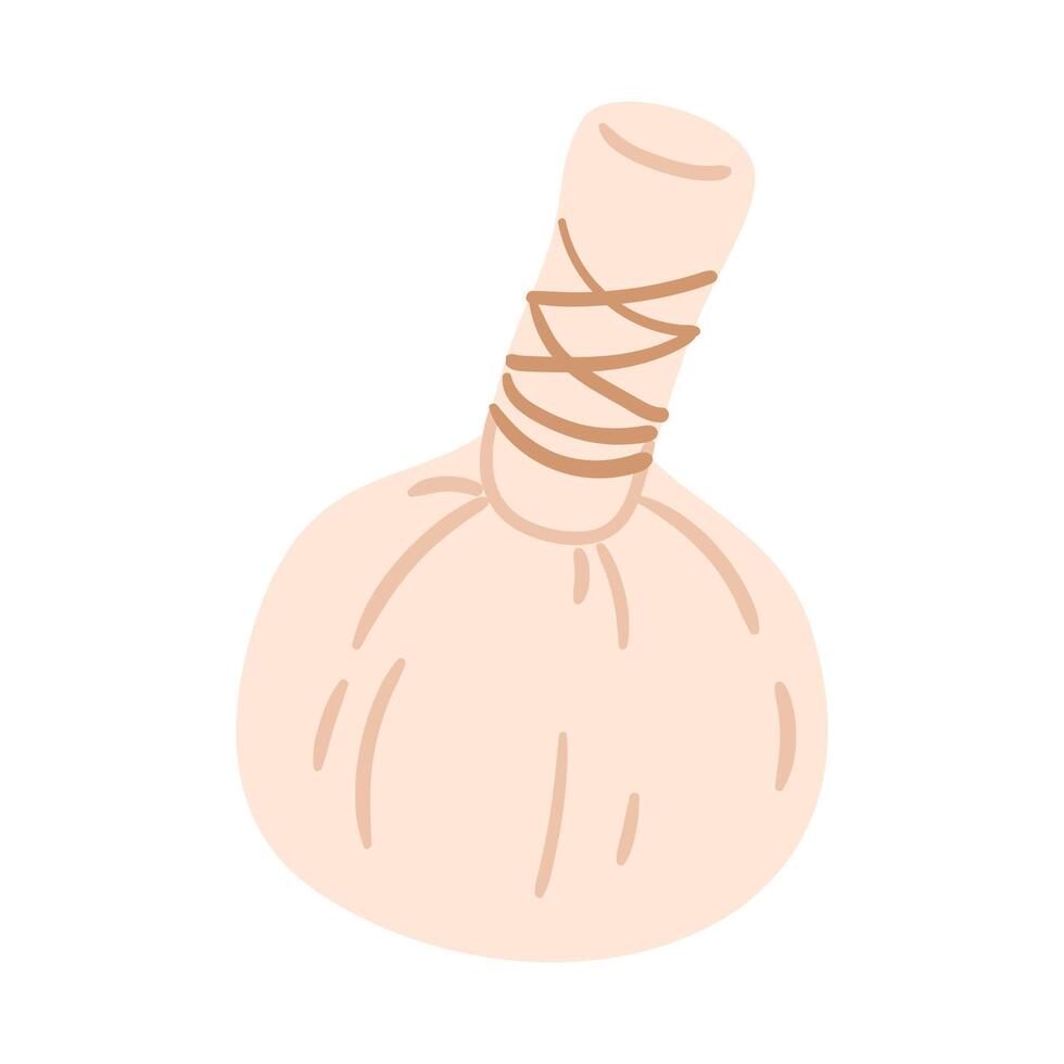 Traditional herbal compress ball wrapped in natural fabric with twine. Hand drawn illustration. vector