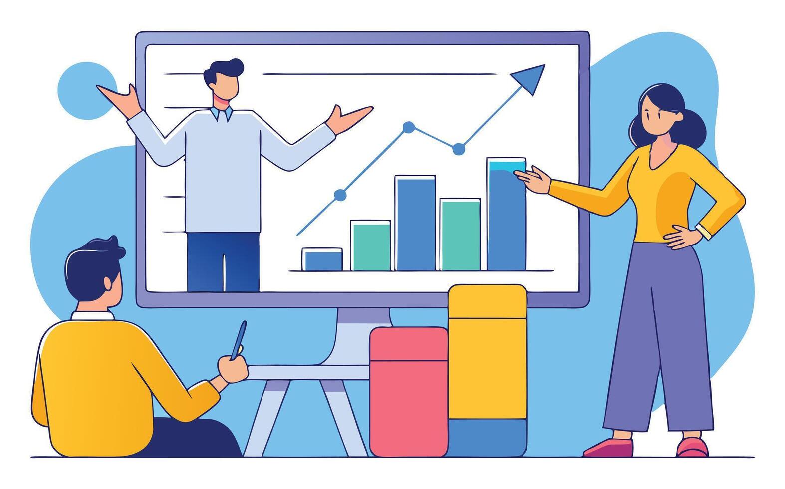 Business Presentation with Teamwork Analysis A Man Presents a Growing Bar Chart on a Screen While a Woman and a Man Listen and Take Notes Illustrating Business Growth and Success vector