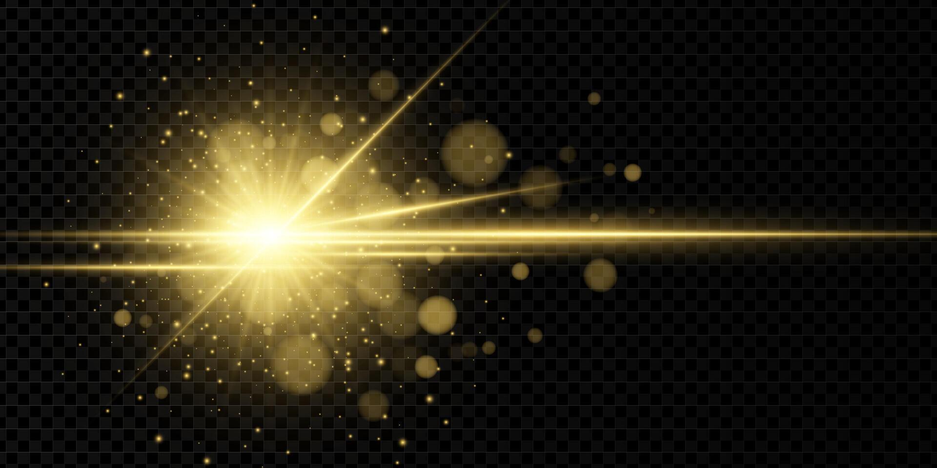 Radiant golden sunlight flare with glowing beam and magic sparkle. Abstract aura with starburst and bright shine. sky inspired background for festive or energy themes. vector