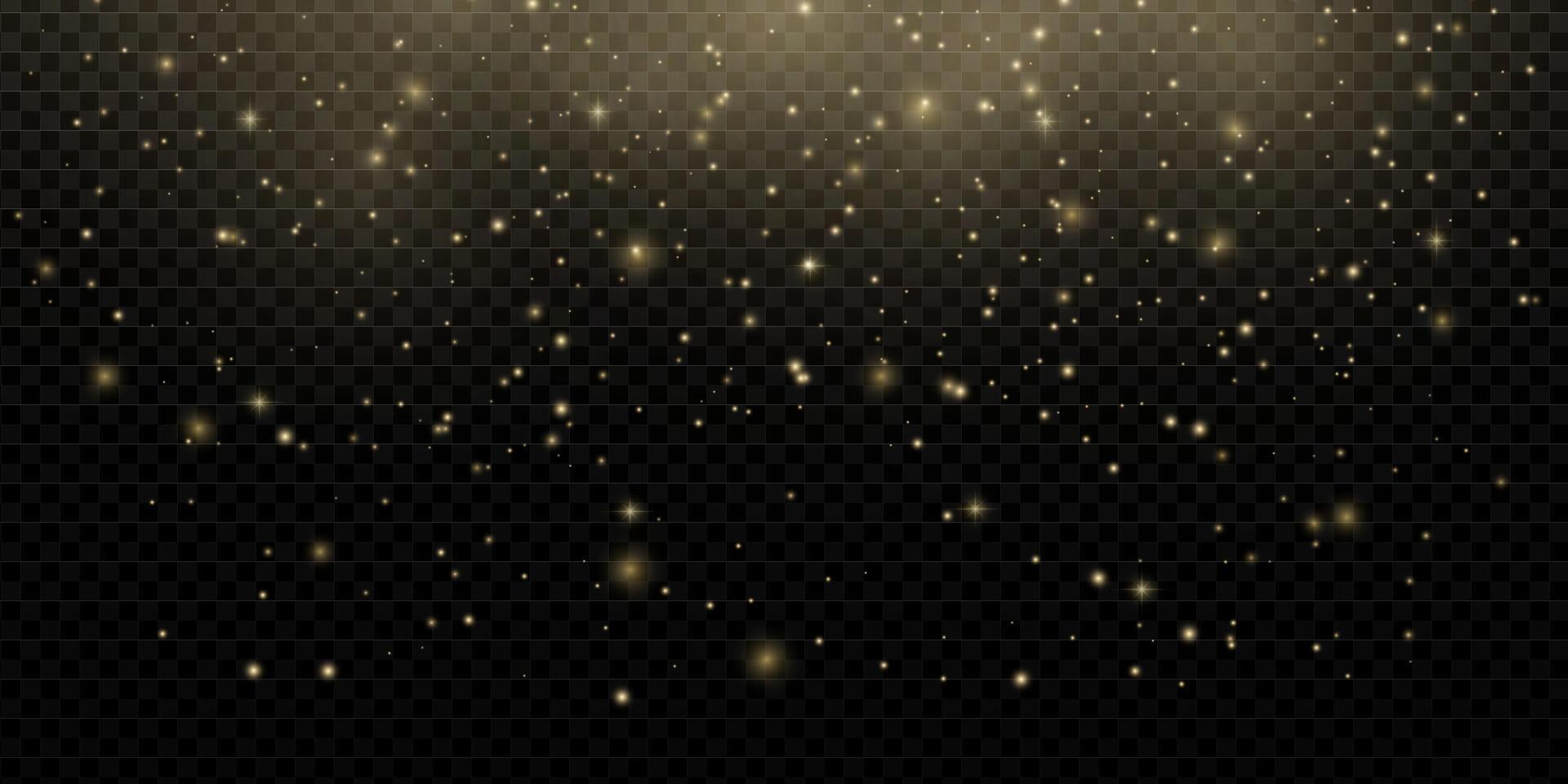 Glowing gold glitter with radiant sparkles and shiny confetti. Magic light flare and stardust particles on dark background. Ideal for festive banners or night celebration design. vector