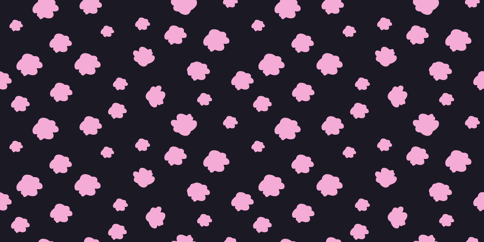 Playful seamless pattern with pink cloud shapes scattered on a black background. Plain minimalist print for children's designs, bold wallpapers, stationery, and cheerful creative projects. vector