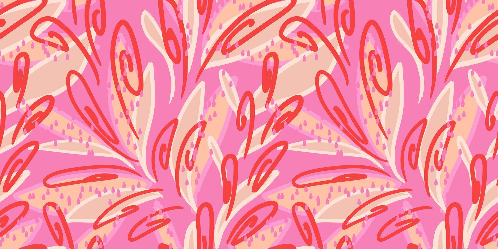 Seamless abstract pattern in vibrant red, pink tones, featuring unique swirling shapes. Organic shapes, flowing lines, and dynamic composition print. Design for fabric, wrapping paper, and home decor vector