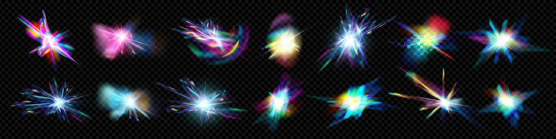 Rainbow prism light effect set with crystal shine and glass flare. Iridescent sparkle and glowing spectrum burst on background. Abstract optical magic for fantasy or jewelry themes. vector