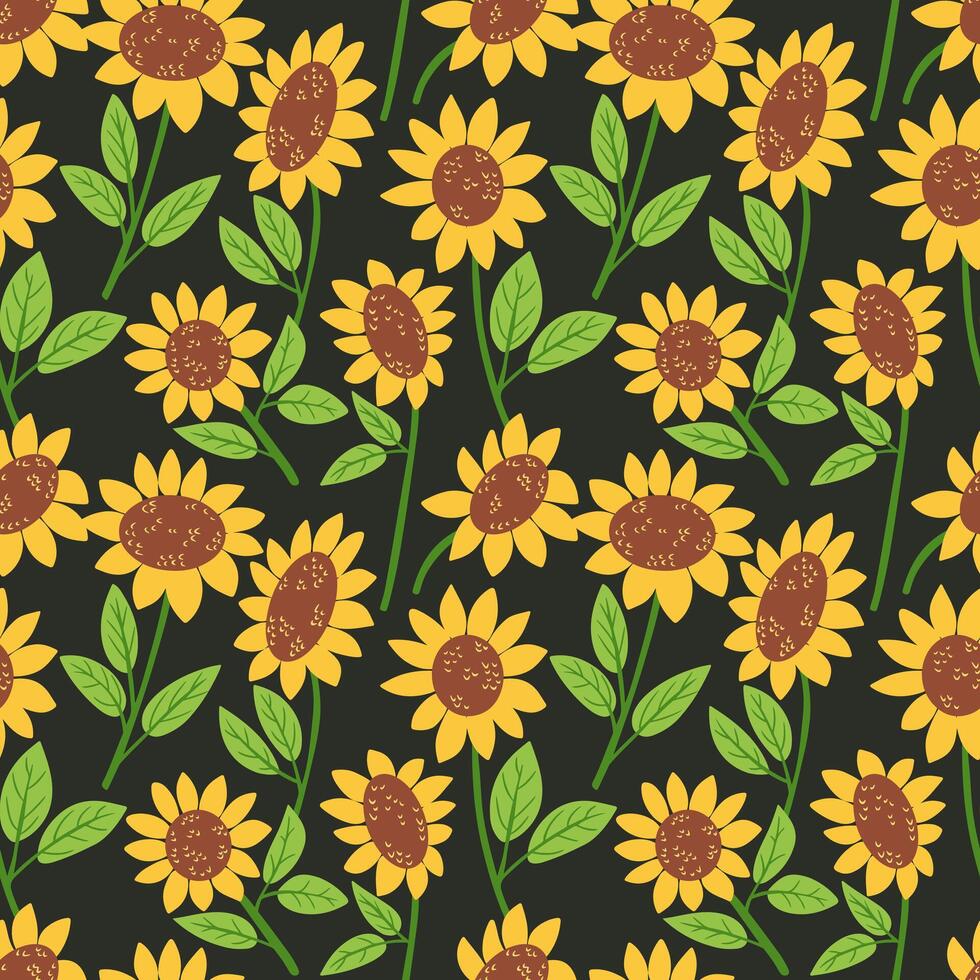 Seamless sunflower pattern with vibrant yellow blooms and green leaves on black background. Captures warmth, positivity and bold floral elegance in a cheerful botanical design vector