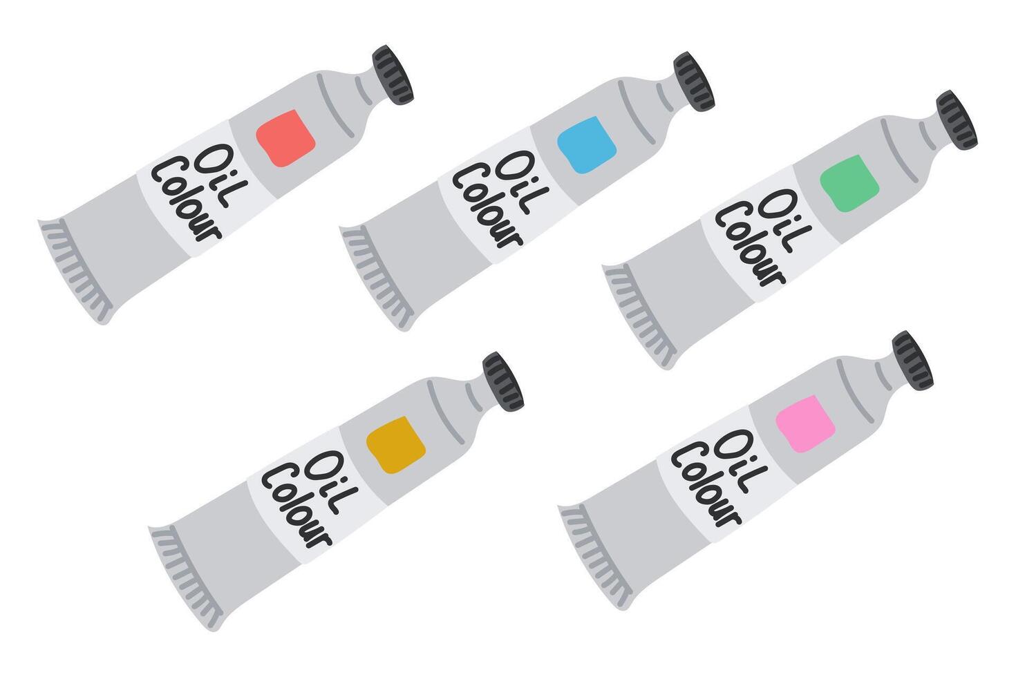 Colorful set of oil paint tubes in flat style on white background. Concept represents artistic creativity, painting process and color selection vector