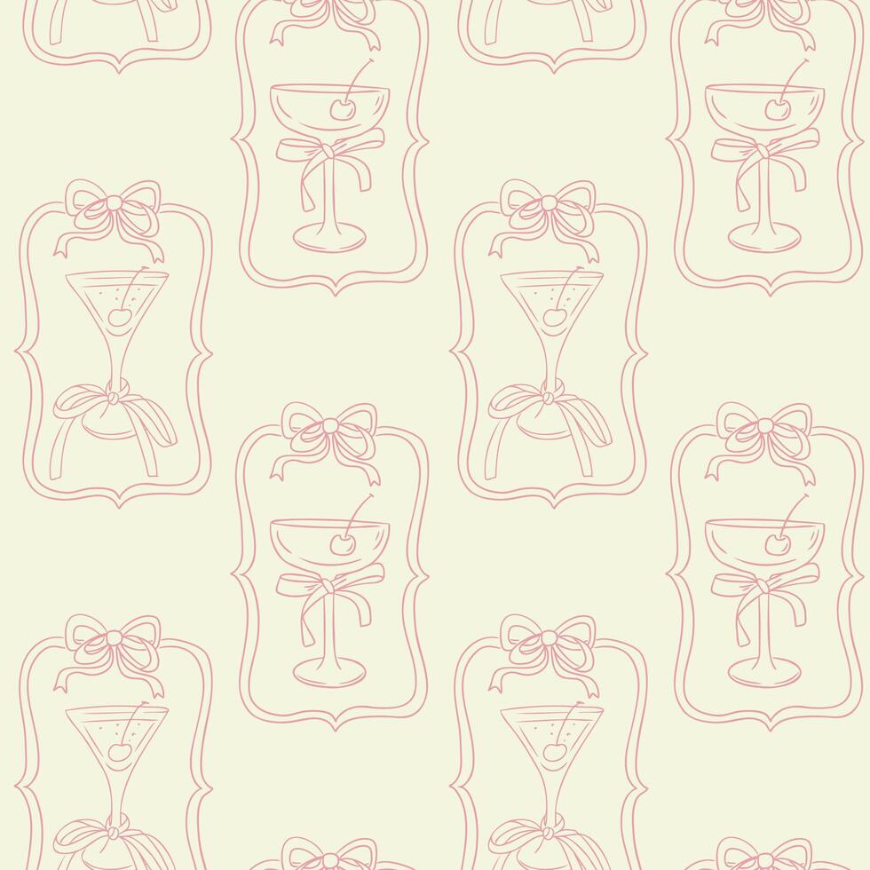 Romantic seamless pattern with cocktail glasses, bows and cherries in soft pink lines. Concept evokes elegance, celebration and feminine vintage charm vector