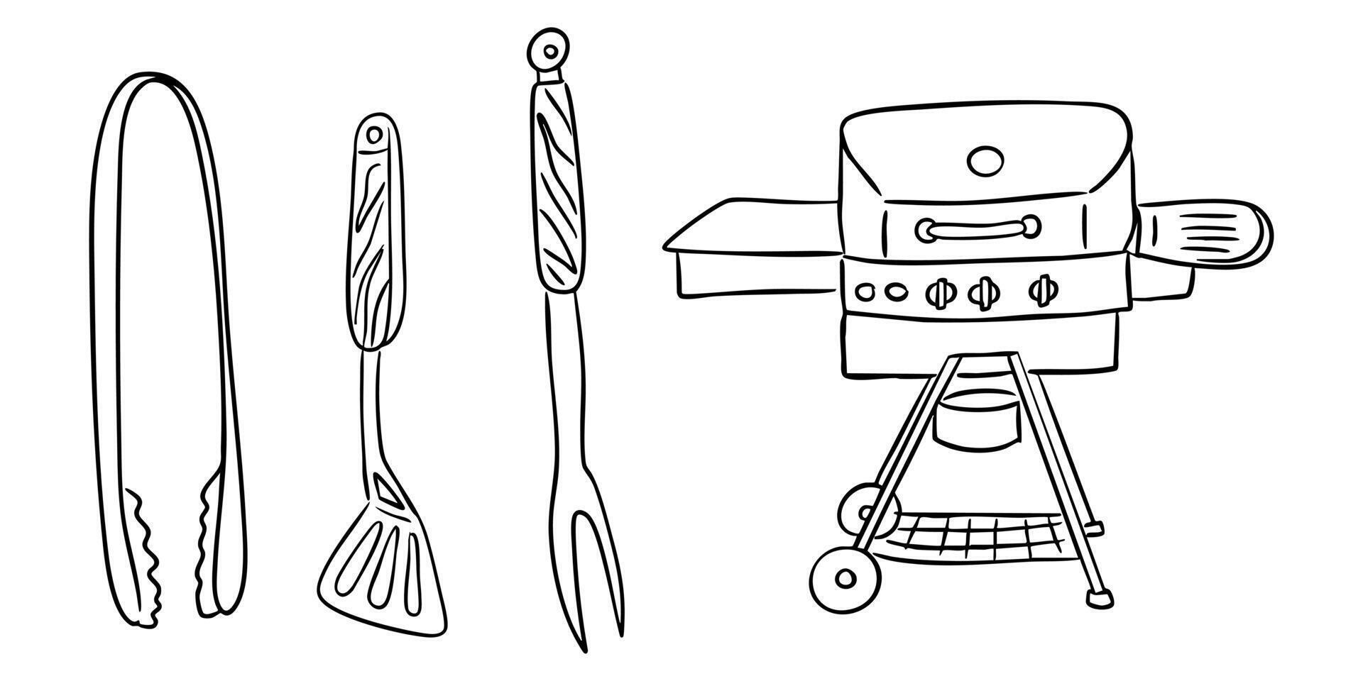 Barbecue grill with tongs, spatula and fork in hand-drawn black and white style. Concept captures outdoor cooking, summer leisure and grilling tradition vector