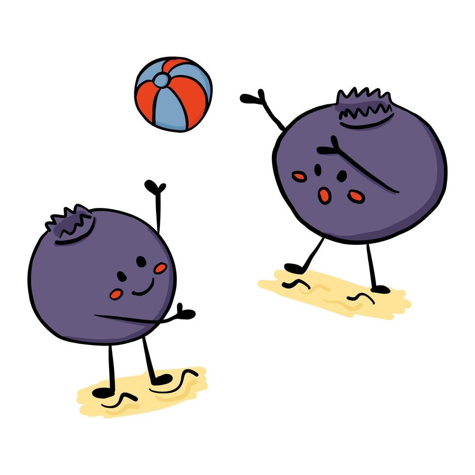 Two playful blueberry characters tossing a beach ball on sand in kawaii style. Concept expresses summer fun, friendship and joyful outdoor activity vector