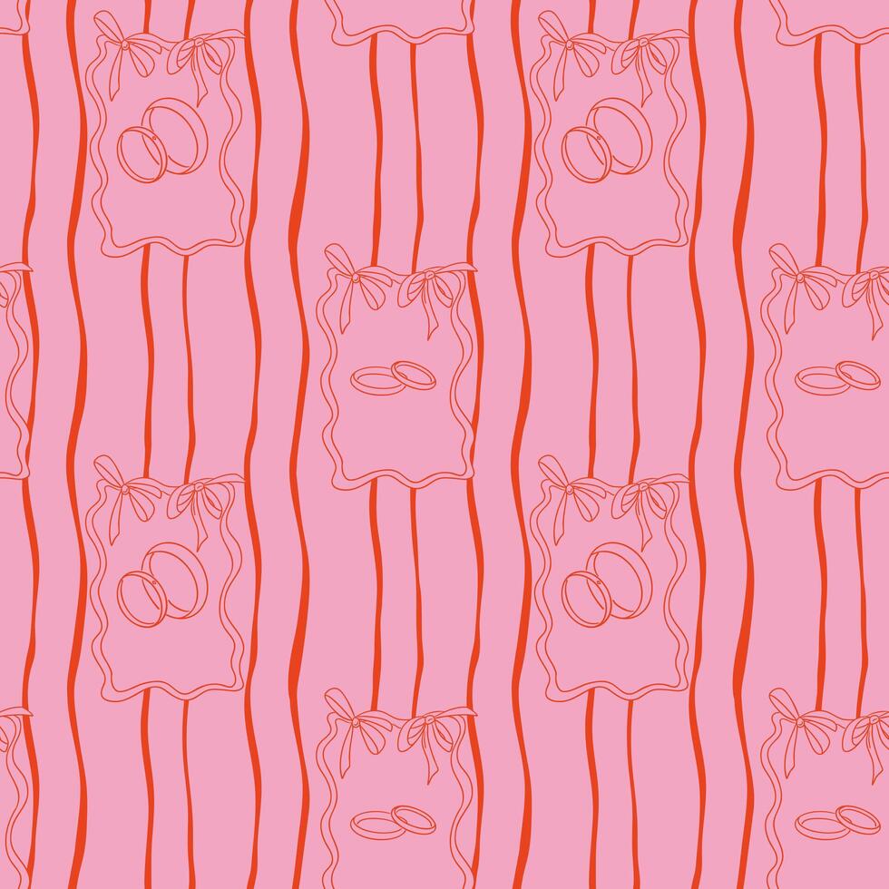 Romantic seamless pattern with wedding rings, bows and frames on a pink striped background. Concept represents love, celebration and elegant wedding aesthetics vector