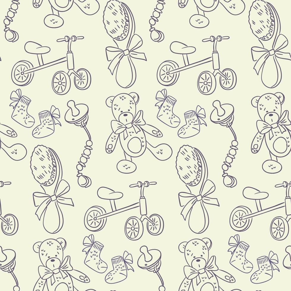 Seamless baby pattern with teddy bears, tricycles, pacifiers, socks and brushes in doodle style. Concept represents childhood sweetness, care and early development accessories vector