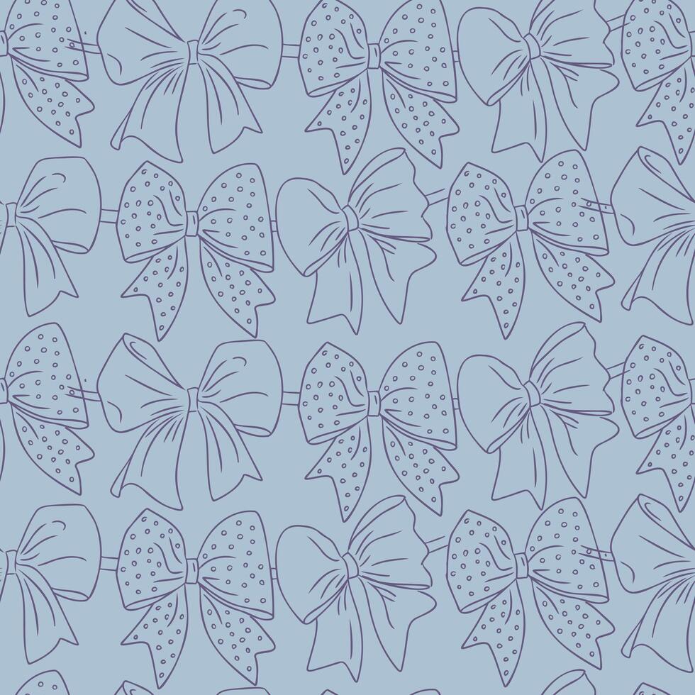 Seamless pattern of hand-drawn bows with polka dots and ribbons on light blue background. Concept reflects elegance, femininity and decorative textile design vector
