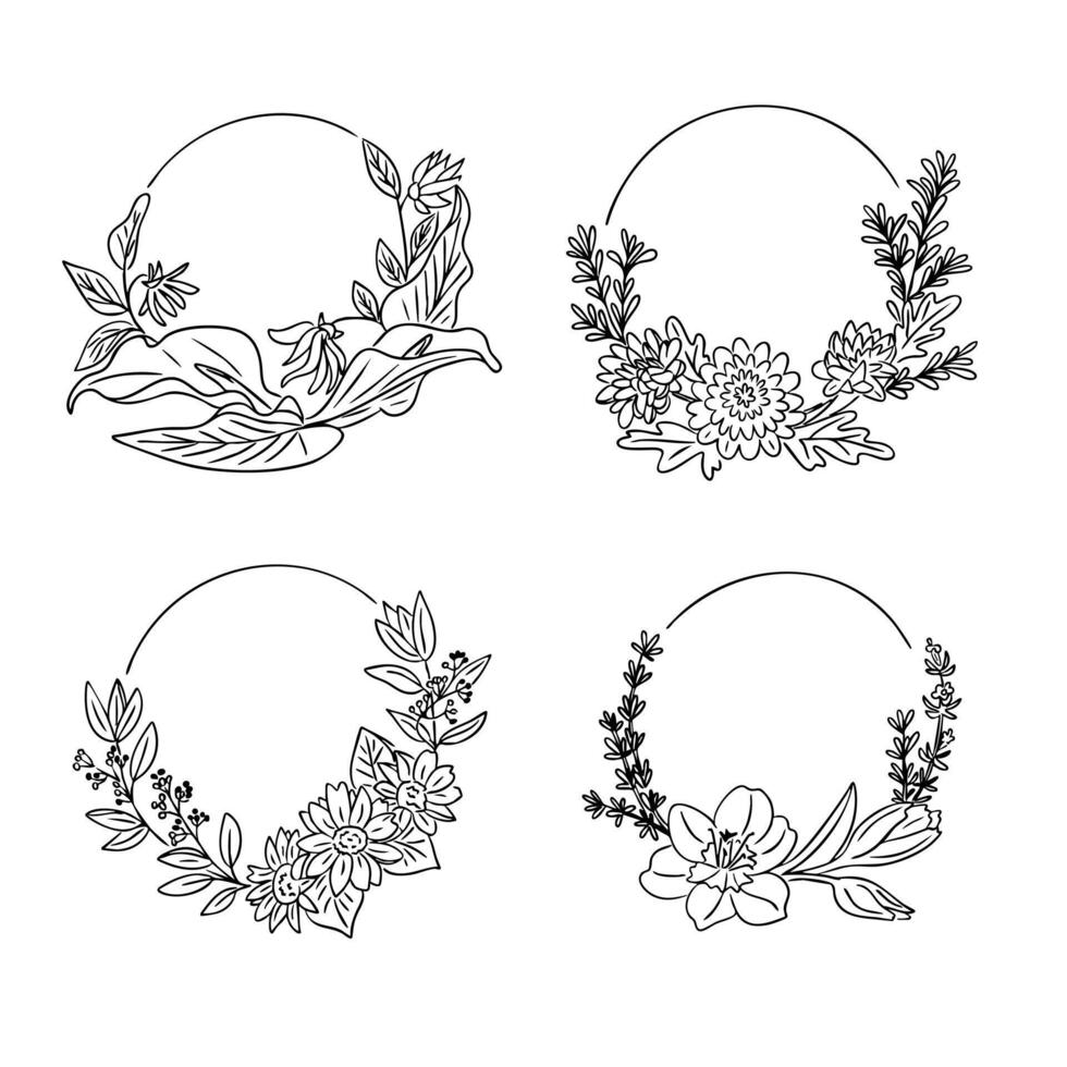 Set of four elegant floral wreaths with various leaves and blossoms in hand-drawn style. Concept represents natural beauty, decorative frame design and botanical harmony vector