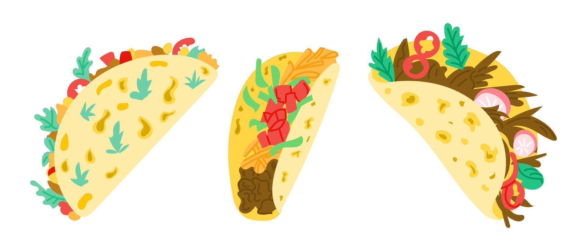 Colorful set of three tacos filled with various meats, vegetables and toppings in flat style. Concept reflects Mexican cuisine, street food culture and flavorful meal variety vector