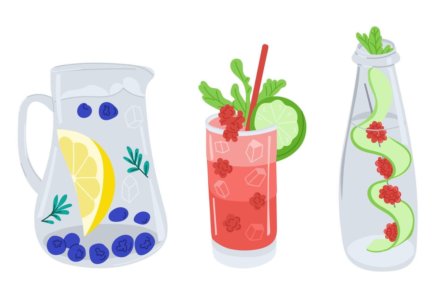 Refreshing drinks in various glassware with fruits, berries, herbs and ice, hand drawn style. Concept reflects summer hydration, healthy lifestyle and homemade beverages vector