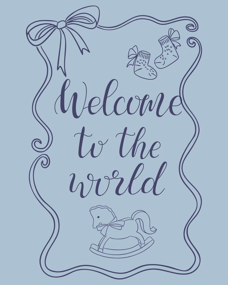 Welcome to the world greeting card with socks, ribbon and rocking horse illustration. Concept symbolizes birth celebration, new beginnings and baby arrival joy vector