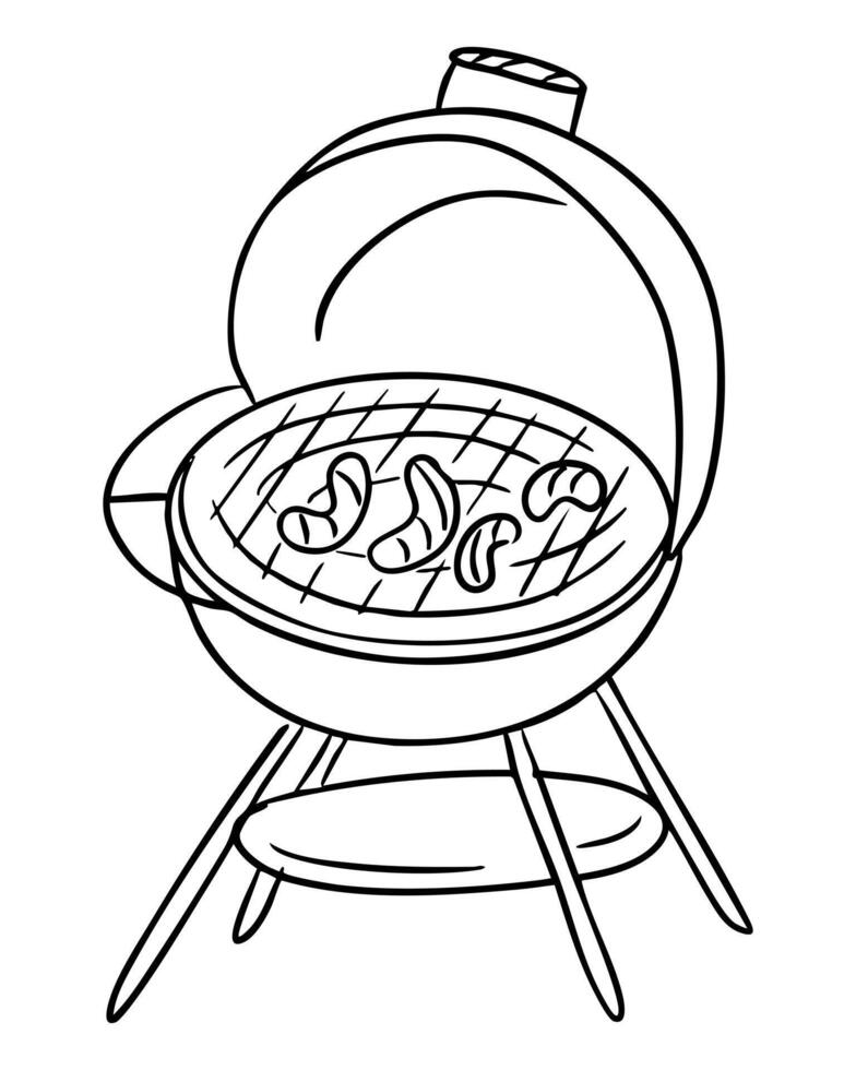 Charcoal grill with sausages on the grate, hand drawn in simple black outline. Concept represents summer barbecue, outdoor cooking and picnic leisure vector