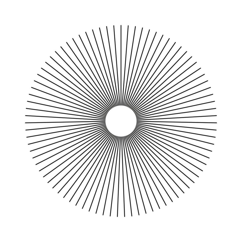 Radial circle simple lines. Circular lines flat element. Symbol of Sun star rays. Design trendy elements. Spokes with radiating stripes sticker. Abstract illusion black geometric shape. vector