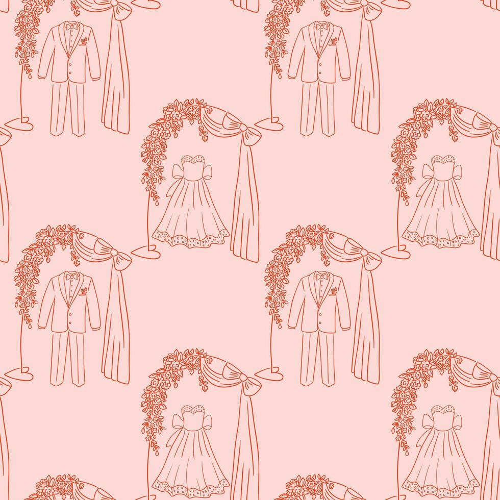 Wedding pattern with floral arches, bridal gowns and groom suits on soft pink background. Concept conveys romance, marriage celebration and elegant ceremony style vector