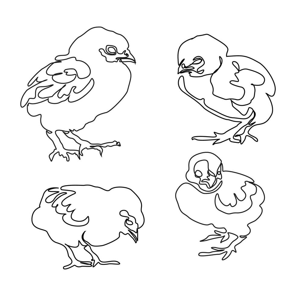 Single continuous line drawing set of chicks. Cute little chickens. One line design illustration. One line design illustration vector