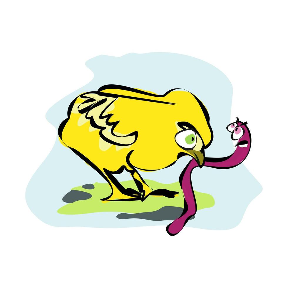 Yellow chicken, little chick. with a worm in his beak. A colorful and funny bird. Colorful, happy and fun cartoon illustration vector