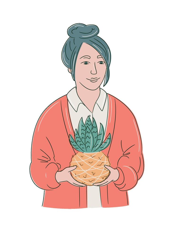 Stylized drawing of an Asian woman misting a kokedama moss ball with fern. Sustainable indoor gardening trends. Isolated illustration vector
