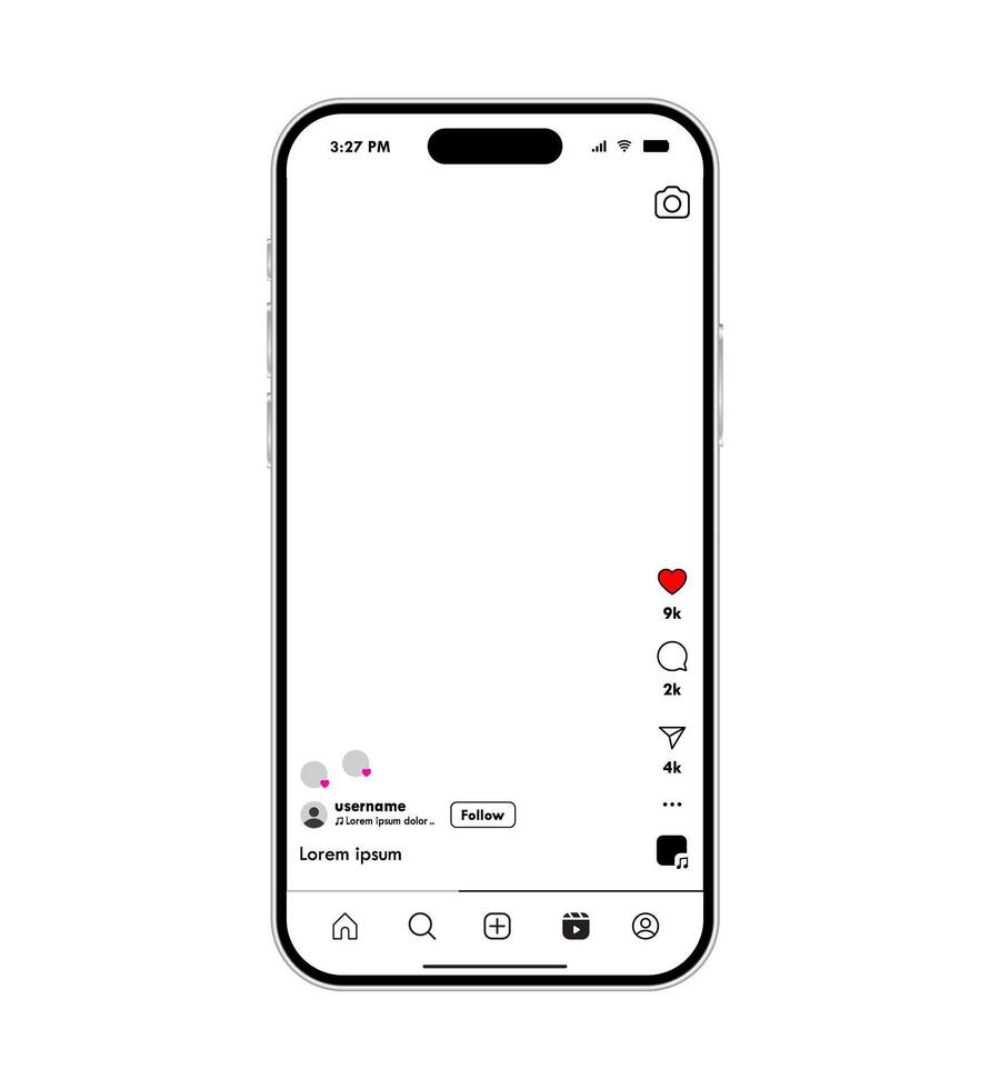 Social media application mockup template in mobile phone. Modern user interface blank layout illustration vector