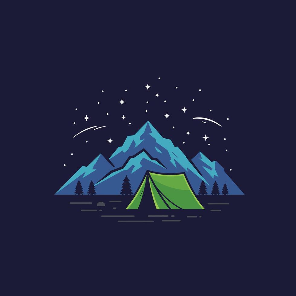 Camping tent in the mountains with stars logo design vector