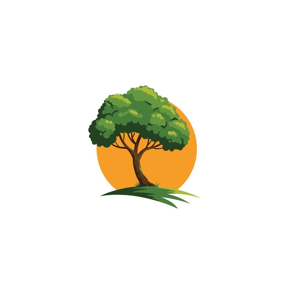 Green tree logo design with the sun in the background vector