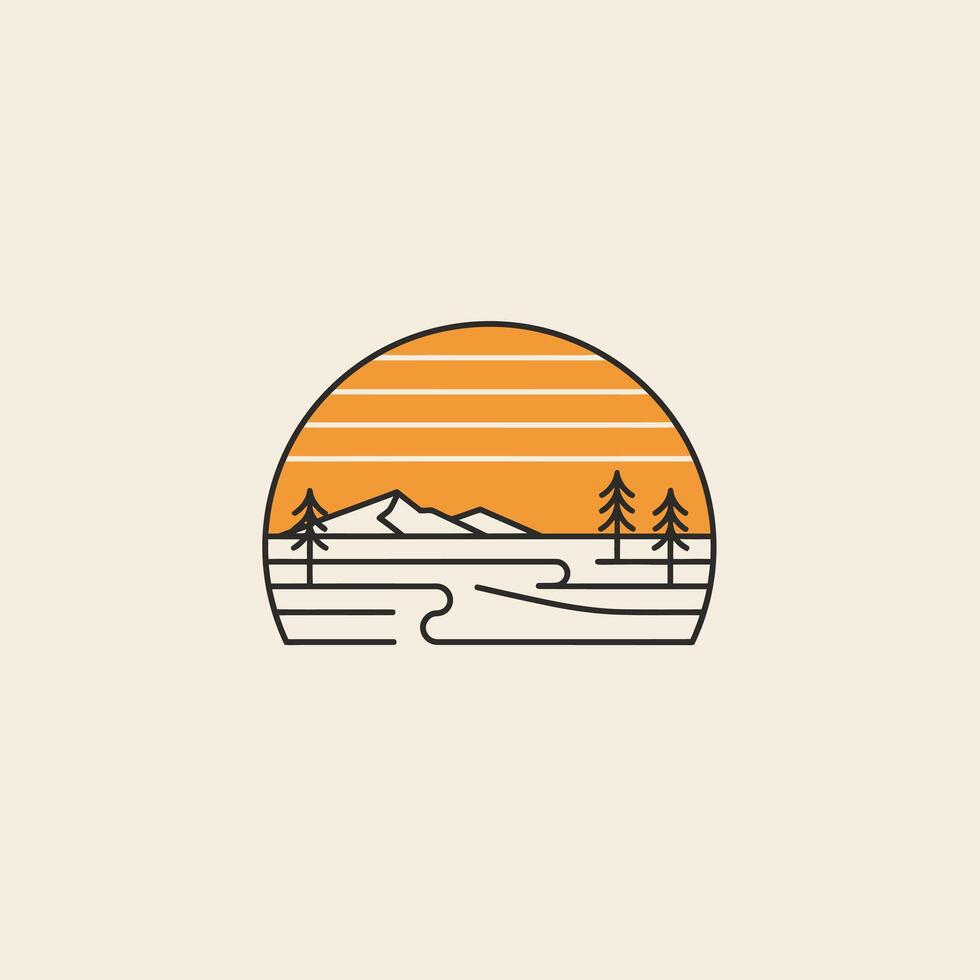 Logo design of a mountain range with trees and the sun vector