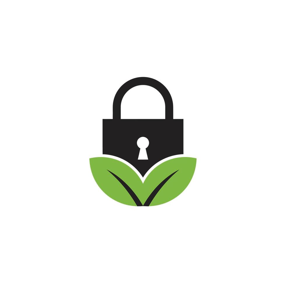 Black padlock on top of green leaves logo design vector