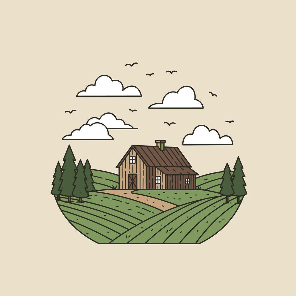 Logo design of a farmhouse in the countryside with trees and clouds vector