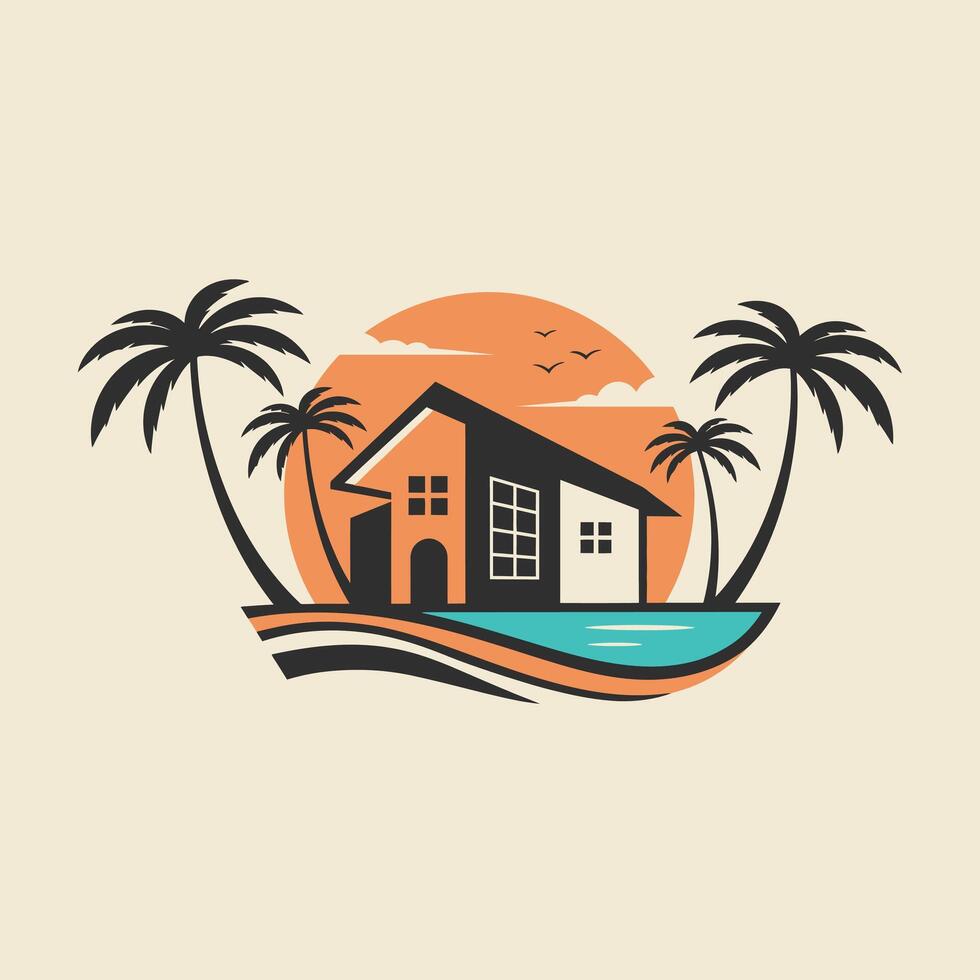 House in front of the beach logo design vector