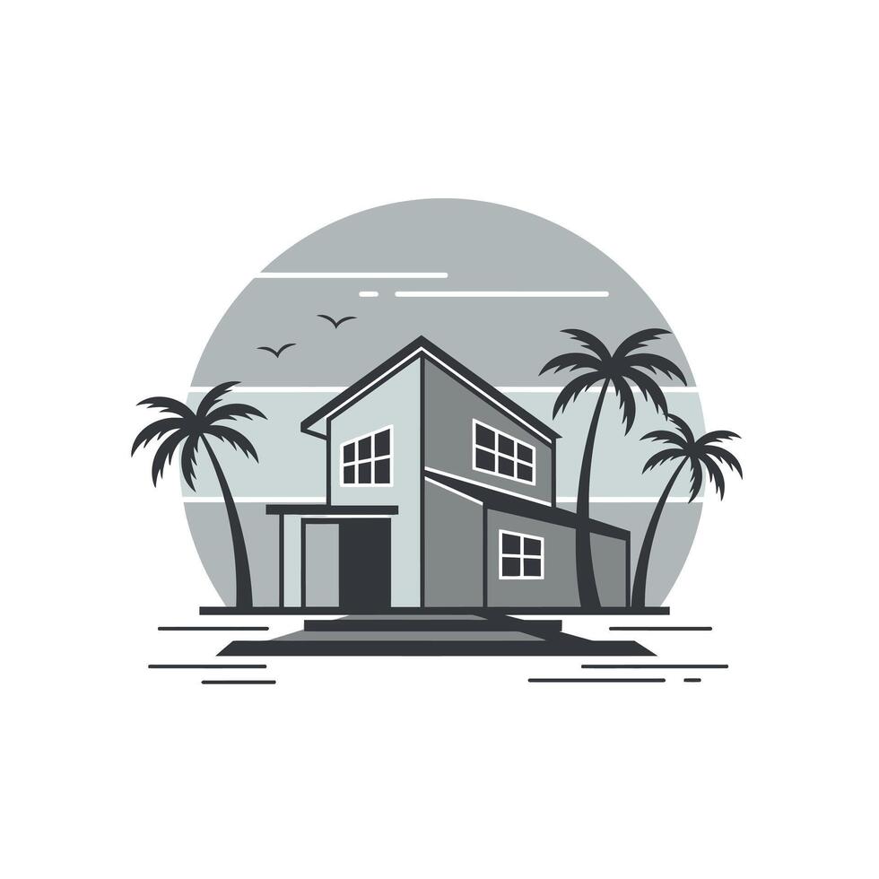 House with palm trees and a beach logo design vector