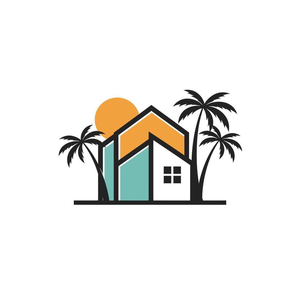 Logo design of a colorful house with palm trees and the sun in the background vector