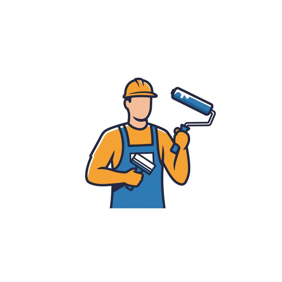 Man holding a paint roller and a paint brush logo design vector
