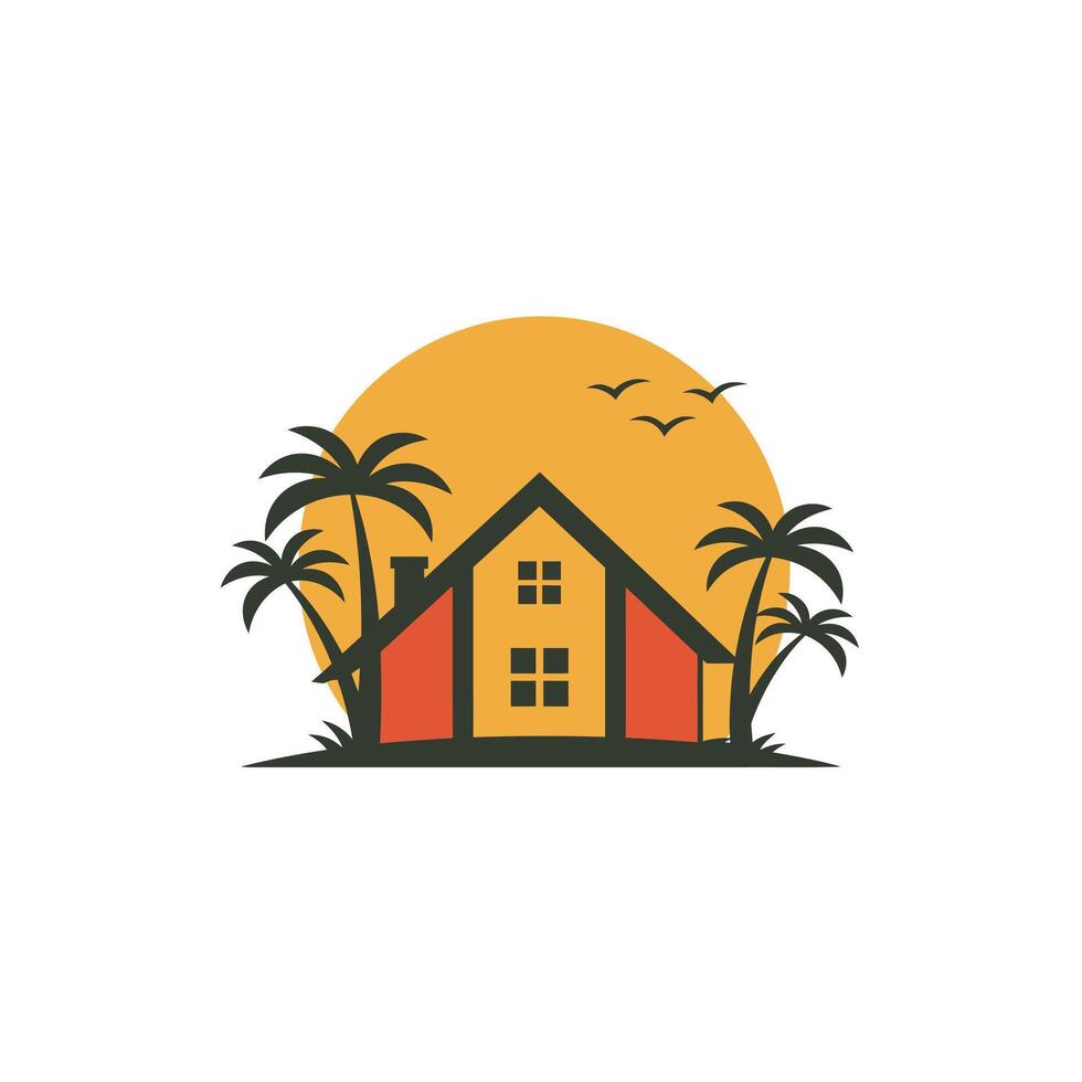Logo design of a house with palm trees and sun on the background vector
