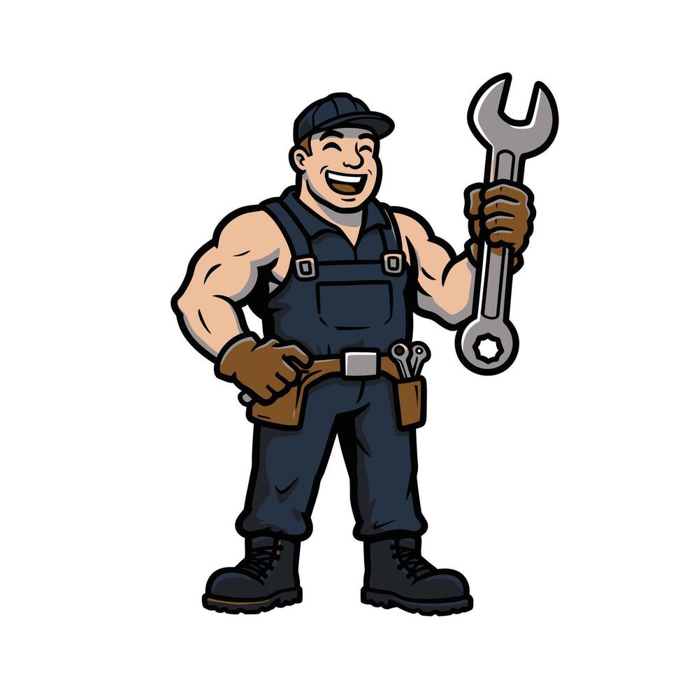 Man in overalls holding a wrench logo design vector