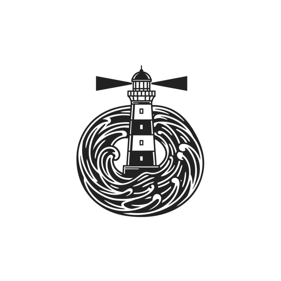 Logo design of a lighthouse with waves around vector