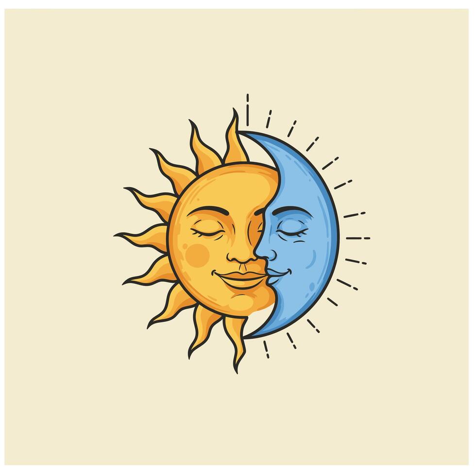 Sun and the crescent moon smiling logo design vector