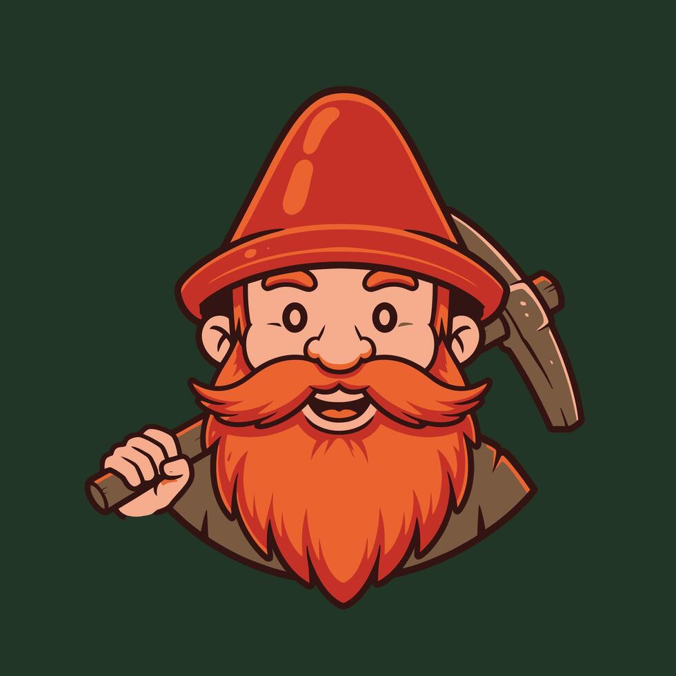 Cartoon gnome with a red beard and a pickaxe logo design vector